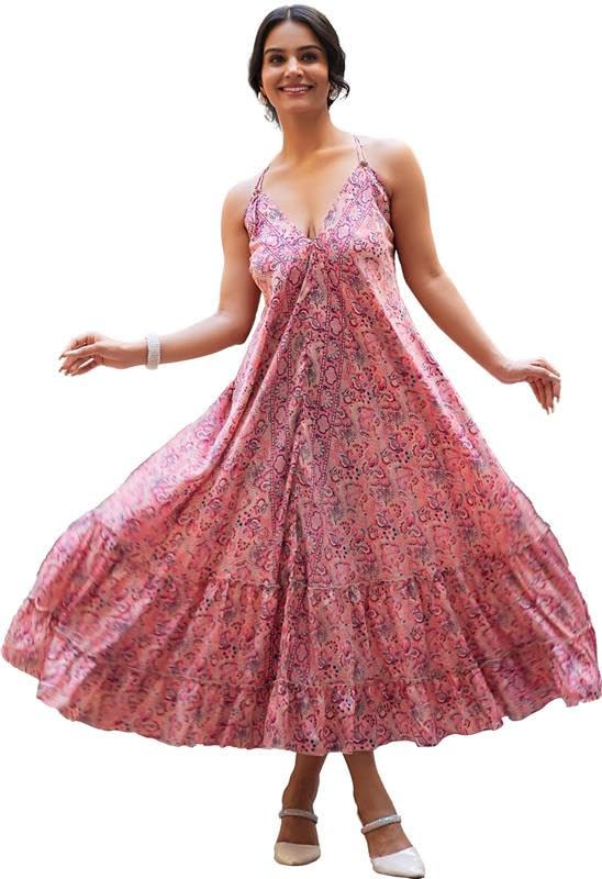 Image of Yash Gallery Women's Wrinkle-Free Floral Printed Sleeveless Maxi Dress with Spaghetti Straps One-piece