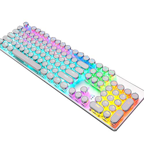 YC° Clavier Mécanique De Jeu Bleu avec Interface USB Filaire Rétro Ronde Capuchon Clé 104 Clé sans Impact 20 Types D'Effets Lumineux 8 Types D'Effet D'Éclairage De Jeu,Blanc