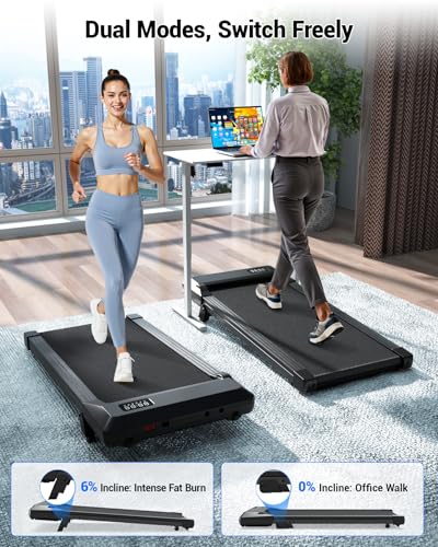 Image of DeerRun Under Desk Walking Pad Treadmill for Home Office & Small Spaces, 6% Manual Incline, 0.6-3.8 MPH Walking Speed, 2.5 HP, 300 lb Capacity, App & Remote Control