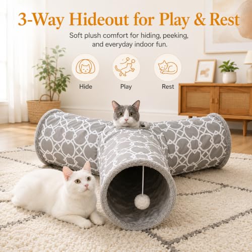 Image of Geometric 3 Way Cat Tunnel with Plush Inside,Cats Toys Collapsible Tunnel Tube with Balls, for Rabbits, Kittens, Ferrets,Puppy and Dogs