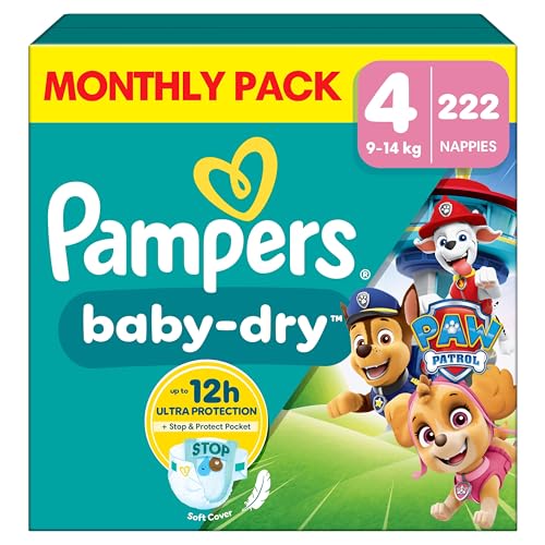 Pampers Baby-Dry Paw Patrol Edition Size 4 222 Nappies 9kg-14kg Monthly Pack Up to a 100% Leak-Free & Comfortable Night