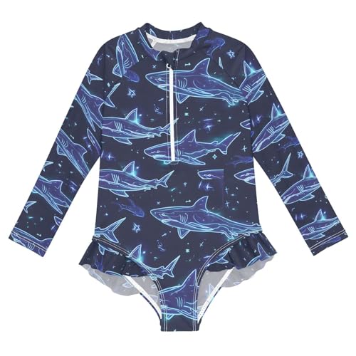 ALAZA Blue Shark Star Girls One Piece Swimsuit Long Sleeve Rash Guard Swimsuits UV 50+ Swimwear Zipper