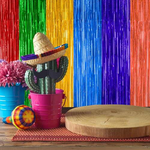 Image of ZATAYE 2 Pack Mexican Color Fiesta Foil Curtain Streamer Decorations | Mexican Color, Metallic Foil, 3.28 x 7.05 FT, Tinsel Backdrop, Foil Curtain Streamer, Fiesta Party Decorations
