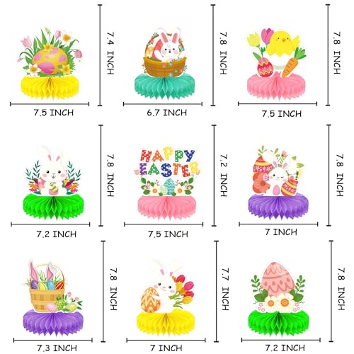 Image of 9 Pieces Easter Honeycomb Centerpieces Table Decor, Cute Bunny Chick and Eggs Happy Easter Spring Festive Pattern Table Topper Ornaments Signs, Holiday Easter Day Party Decorations
