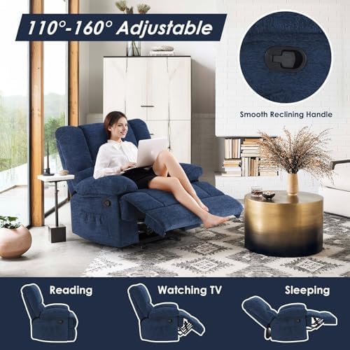 Image of Oversized Rocker Recliner Chair, Wide Rocker Chair with Adjustable Backrest Footrest, Lazy Boy Oversized Recliner for Adults, Reclining Sofa for Living Room, Reading, Bedroom, Blue