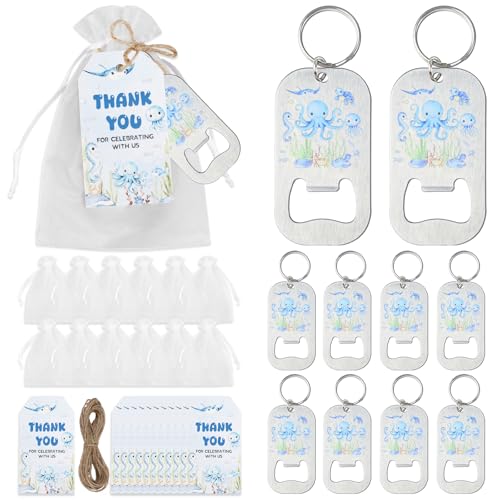 CORNER LACE 24 Sets Under the Sea Bottle Openers Baby Shower Favors - Ocean Animals Bottle Openers Keychains Thank You Tags Organza Bags, Underwater World Beach Theme Baby Shower Decor Guest Gifts