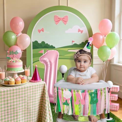 Image of Golf Hole in One Highchair Banner for First Birthday Party Decorations | Pink Green Golf High Chair Fabric Banner for 1st Birthday Backdrop Decorations Photo Props Baby Shower Party Supplies