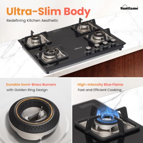 Image of Sunflame 4 Burner Built-In & Countertop Flexi Hob 65 cm Wide | 1 Large, 1 Medium, 2 Small Brass Burner | 5 Year Glasstop Warranty by Sunflame | Auto-Ignition | Ultra-Slim | Cast Iron Pan Support