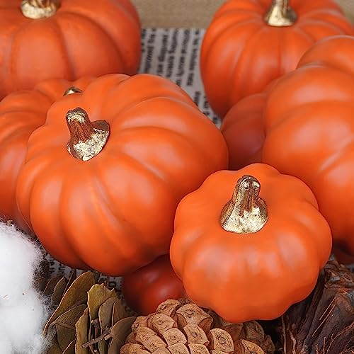 Image of Artmag Artificial Pumpkins Bulk 12Pcs Assorted Sizes Harvest Lifelike Pumpkin Fake Foam Pumpkin for Fall Autumn Halloween Home Party Thanksgiving Party Holiday Decor Dark Orange