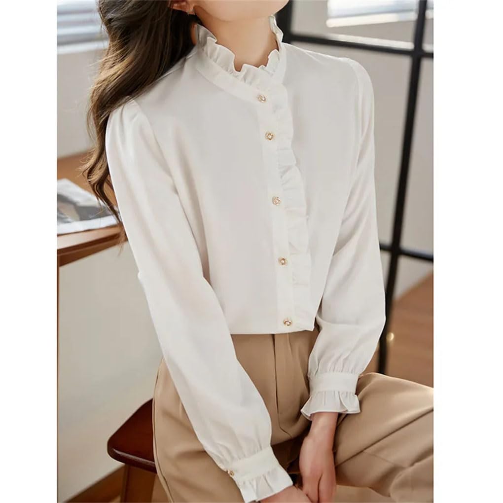 Blusa de gasa de manga larga con volantes para mujer, color liso, informal, con botones, para oficina o trabajo