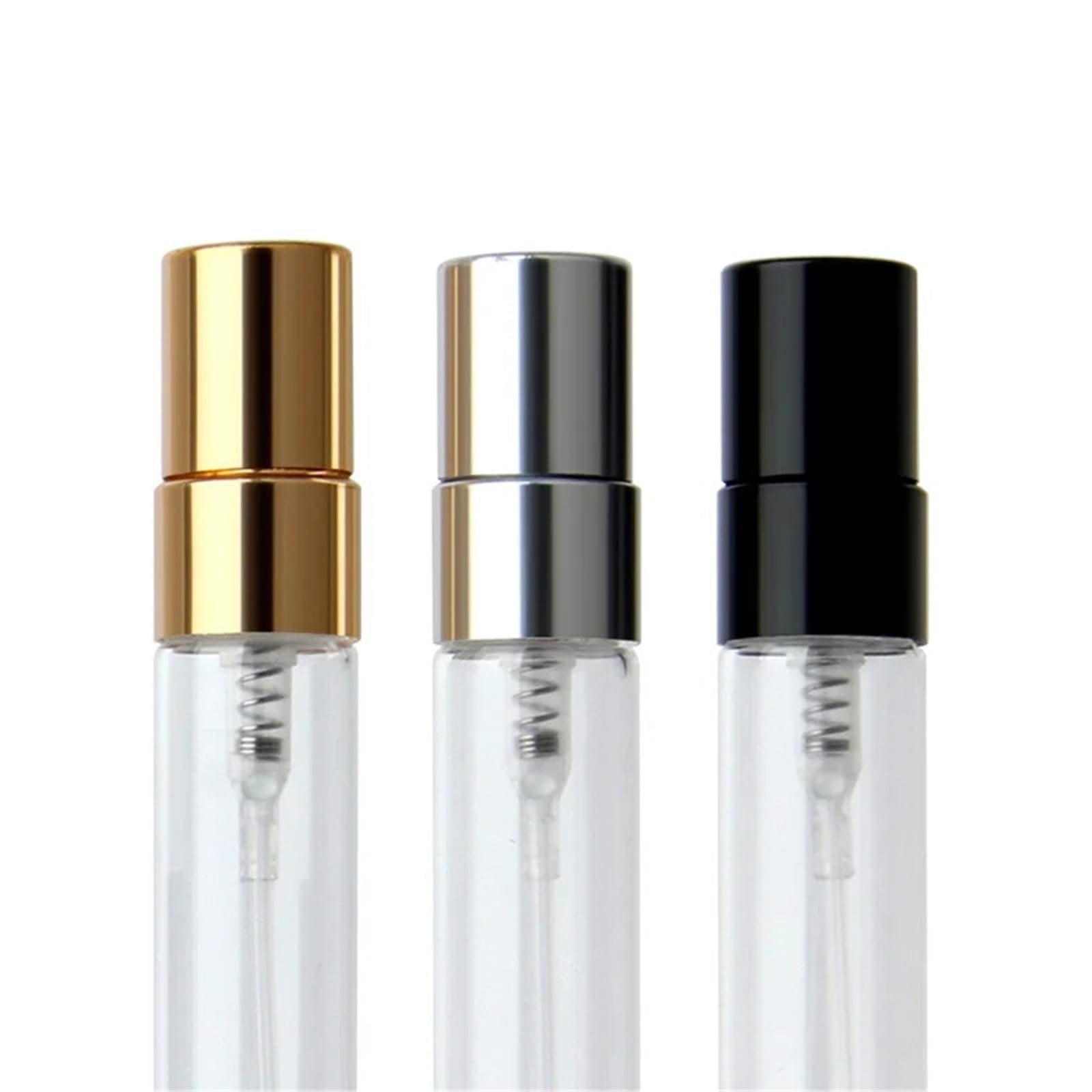 100 botellas de perfume recargables de 2 ml/3 ml/5 ml/10 ml, botellas de perfume vacías con atomizador (color mezclado, vidrio transparente, 5 ml)