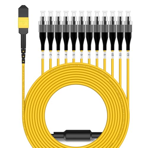 Image of AMPCOM MPO to FC Breakout Cable 9 /125μm Singlemode OS1 /OS2(12 Fiber, MPO to FC, Type B, LSZH /Riser, UPC, Yellow) 15m (49ft)