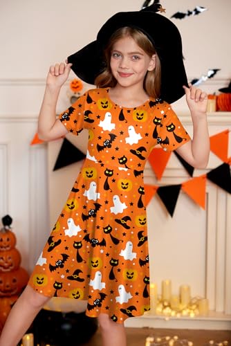 BesserBay Girls Halloween Short Sleeve Printed Crewneck Midi Dress 4-14 Years2