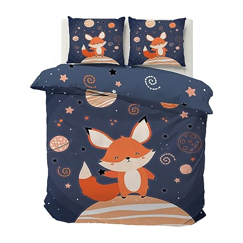 Boceoey Parure de Lit 90x190 Enfant Planète Renard Orange Housse de Couette 1 Personne en Microfibre, Housse de Couette Enfant Imprimée avec Fermeture Éclair avec 2 Taie d'oreiller 65x65cm