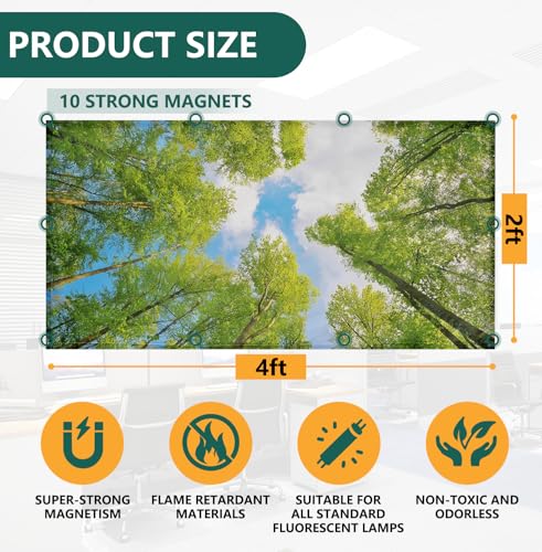 Image of Fluorescent Light Covers, 2 Pack 4 x 2 Feet Magnetic Light Covers for Ceiling Lights classroom decor, Drop Ceiling Light Cover with 10 Magnets Ceiling Light Covers for Office(Green Tree)