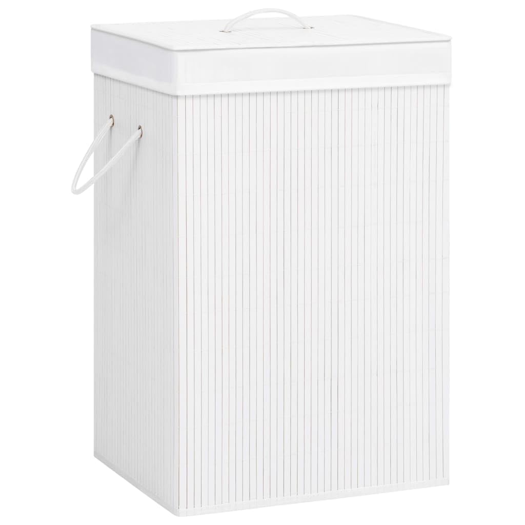 Cesto para la colada de bambú con 2 compartimentos, color blanco, 72 L, plegable y ahorra espacio, para cuarto de baño, dormitorio, lavandería, habitación infantil, con asas y bolsa extraíble
