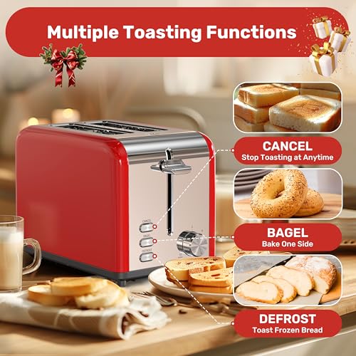 YSSOA-Stainless-Steel-Toaster-2-Slice-with-Extra-Wide-Slot-Removable-Crumb-Tray-6-Shade-Settings-and-BagelDefrostCancel-Functions-Compact-Oven-for-Various-Bread-Waffle-Red-New