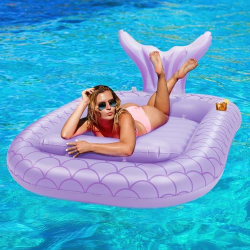 HeySplash Flotador de Piscina para Adultos, 185x125x25 cm Tumbona Hinchable con Válvula Rápida y Dos Portavasos, Fila Flotante Hinchable en Forma de Cola de Sirena para Playa Fiesta en Piscina, Morado