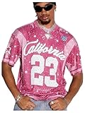 BEAUDRM Men's Jersey Tops Sparkly Rhinestone Number Letter Graphic Tees Crew Neck Short Sleeve Tshirts Sporty Pink X-Large