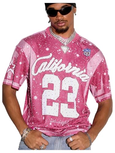 BEAUDRM Men's Jersey Tops Sparkly Rhinestone Number Letter Graphic Tees Crew Neck Short Sleeve Tshirts Sporty Pink X-Large