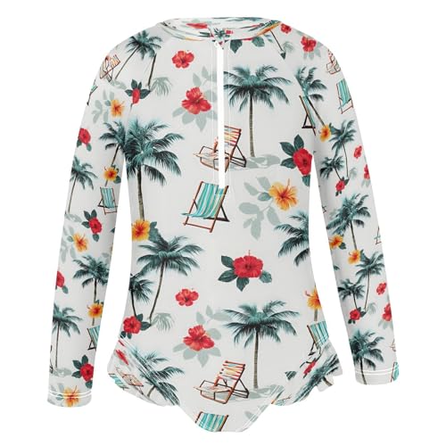 Palm Trees Beach Chairs Girls Long Sleeve Swimsuits One Piece Zipper Bathing Suit UPF 50+ Rashguard Swimwear2