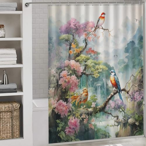 Rideau de douche oiseaux et fleurs en polyester 168x183 cm - 2
