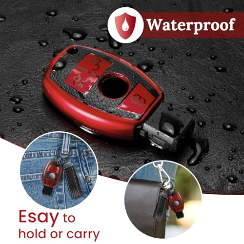Image of Key Fob Cover for Mercedes Benz, Carbon-Fiber-Style Case, Red | Wear-resistant TPU shell, carbon-fiber-style PU belt, daily splash, scratch and drop protection, normal signal use