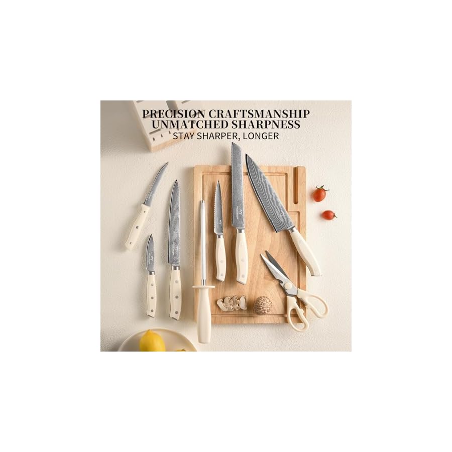 NANFANG-BROTHERS-Damascus-Kitchen-Knife-Set-14-Pieces-with-Shears-Sharpener-VG10-Damascus-Steel-ABS-Ergonomic-Handle-Wooden-Block-Storage-White NANFANG BROTHERS Damascus Kitchen Knife Set 14 Pieces with Shears & Sharpener - VG10 Damascus Steel, ABS Ergonomic Handle, Wooden Block Storage White