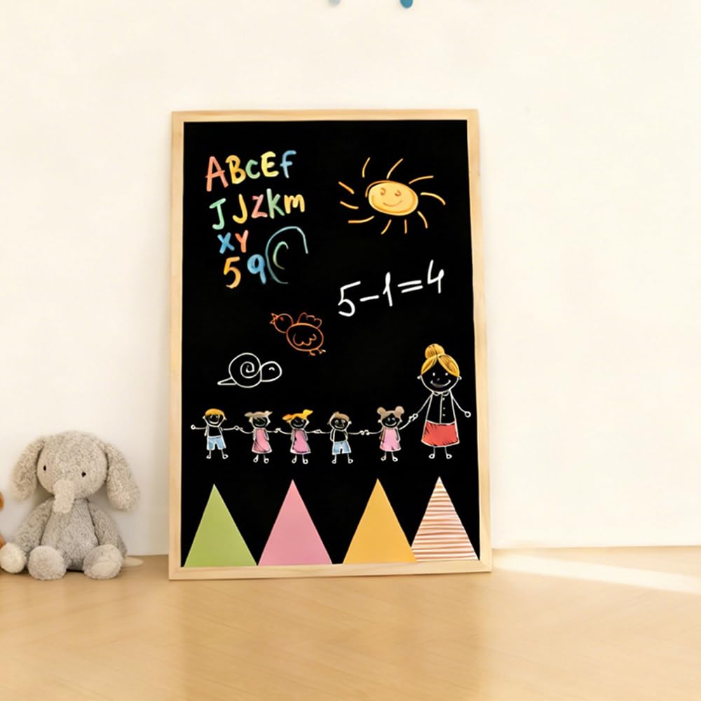 Double-Sided Blackboard Whiteboard with Pine Wood Frame, 62.5x1.9x92.5cm