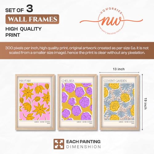 Image of NoWorries Trendy Abstract Floral Art Wall Frames | Modern Botanical Prints Inspired by London Paintings 300 GSM Premium Prints | Synthetic Wooden Stylish Frame Wall Decor for Bedroom, Living Room, Cafe & Office (Set of-3) (NATURAL, ART-1, 13X19INCHES)