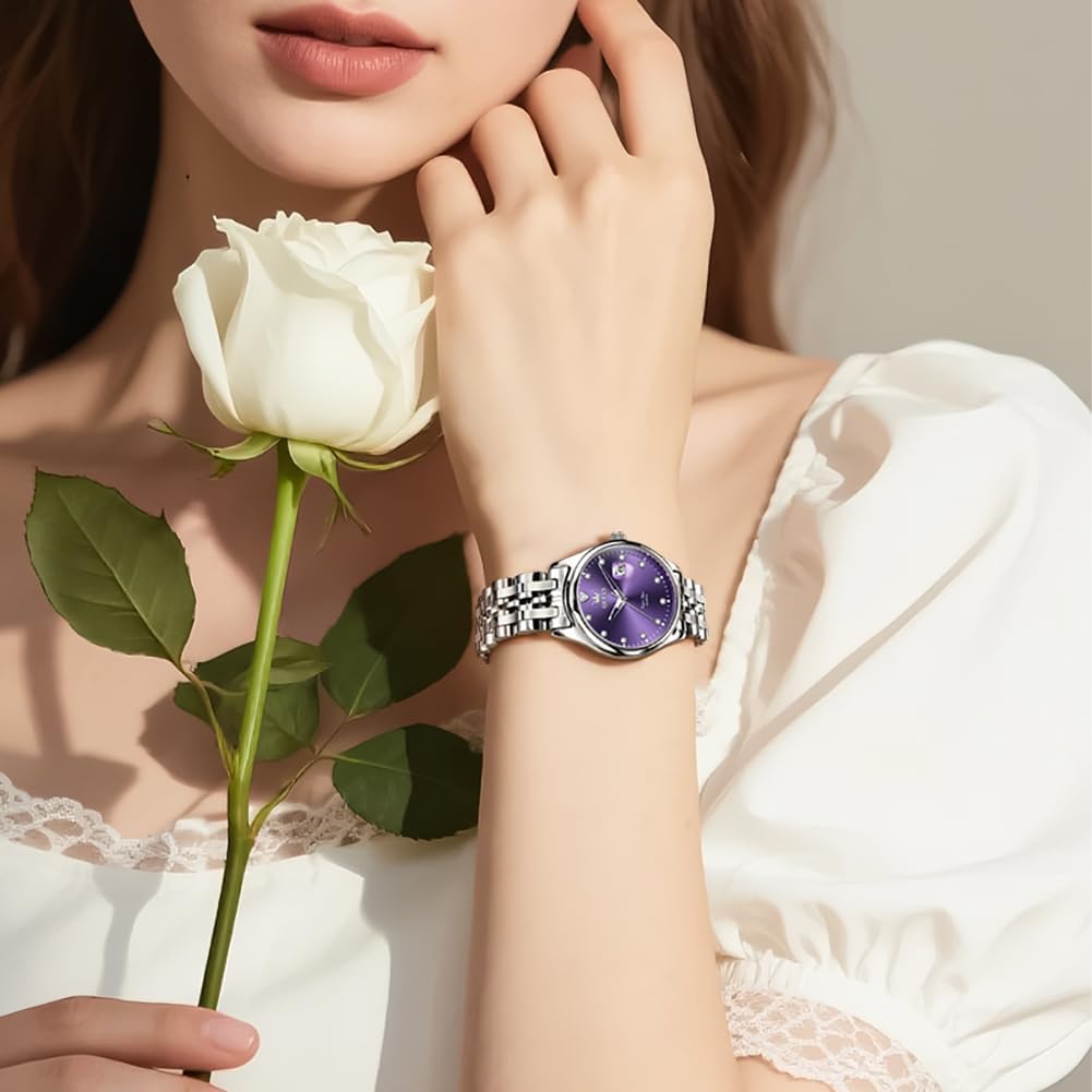 OLEVS Stainless Steel Watches for Women, Luxury Silver Ladies Watch with Date, Waterproof Analog Quartz Dainty Womens Watches, White/Pink/Blue/Purple Dial - Image 3