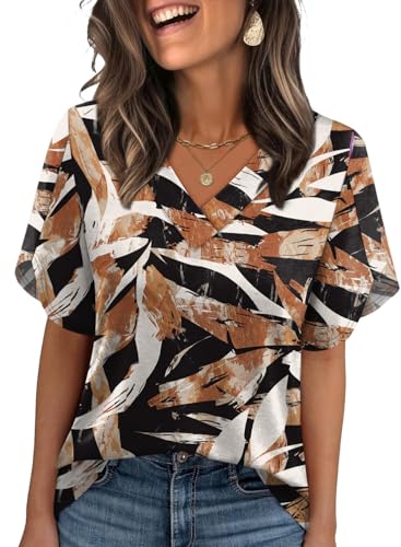 Image of WIHOLL Womens Summer Tops Short Petal Sleeve Shirts Fashion V Neck Womens Clothing