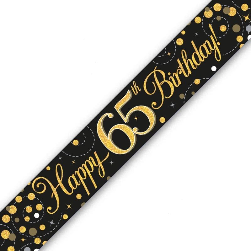 9ft Banner Sparkling Fizz 65th Birthday Black & Gold Holographic