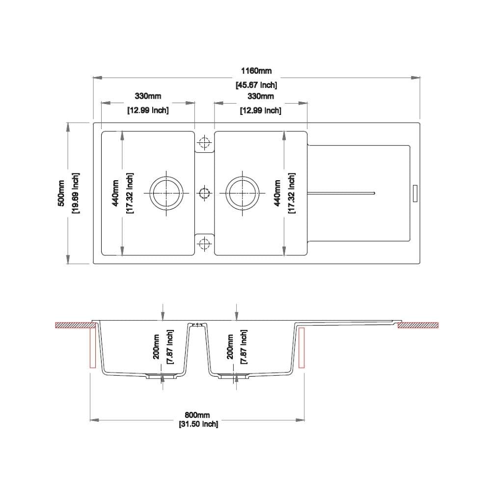 Lavello cucina 2 vasche e gocciolatoio bianco 116x50 Enigma D200