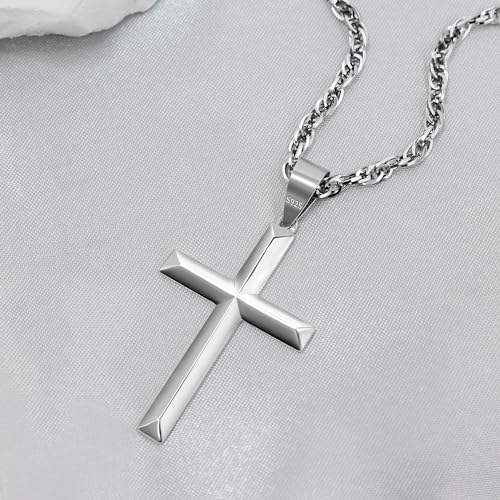 925 Sterling Silver Cross Necklace Beveled Edge for Men Women 3mm Stainless Steel Durable Wheat Chain Crucifix Pendant Necklace Jewelry 16-28 Inches4