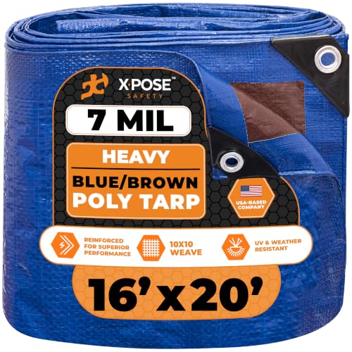 Image of Xpose Safety 16' x 20' Heavy Blue /Brown Tarp - Waterproof - 7 Mil Weatherproof Camping Tarp for Tent, Rain, Wind & Sun - Plastic Tarpaulin Cover Outdoor for Roof, Trailer, RV, Car, Boat