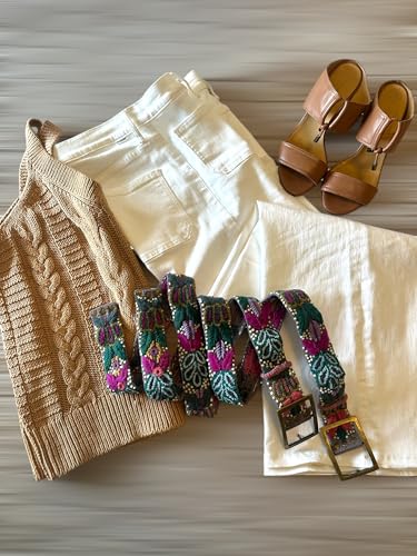 Peruvian Embroidered Flower Wool Belt, Hand Embroidered - "Andina Jeweled Belt" -3