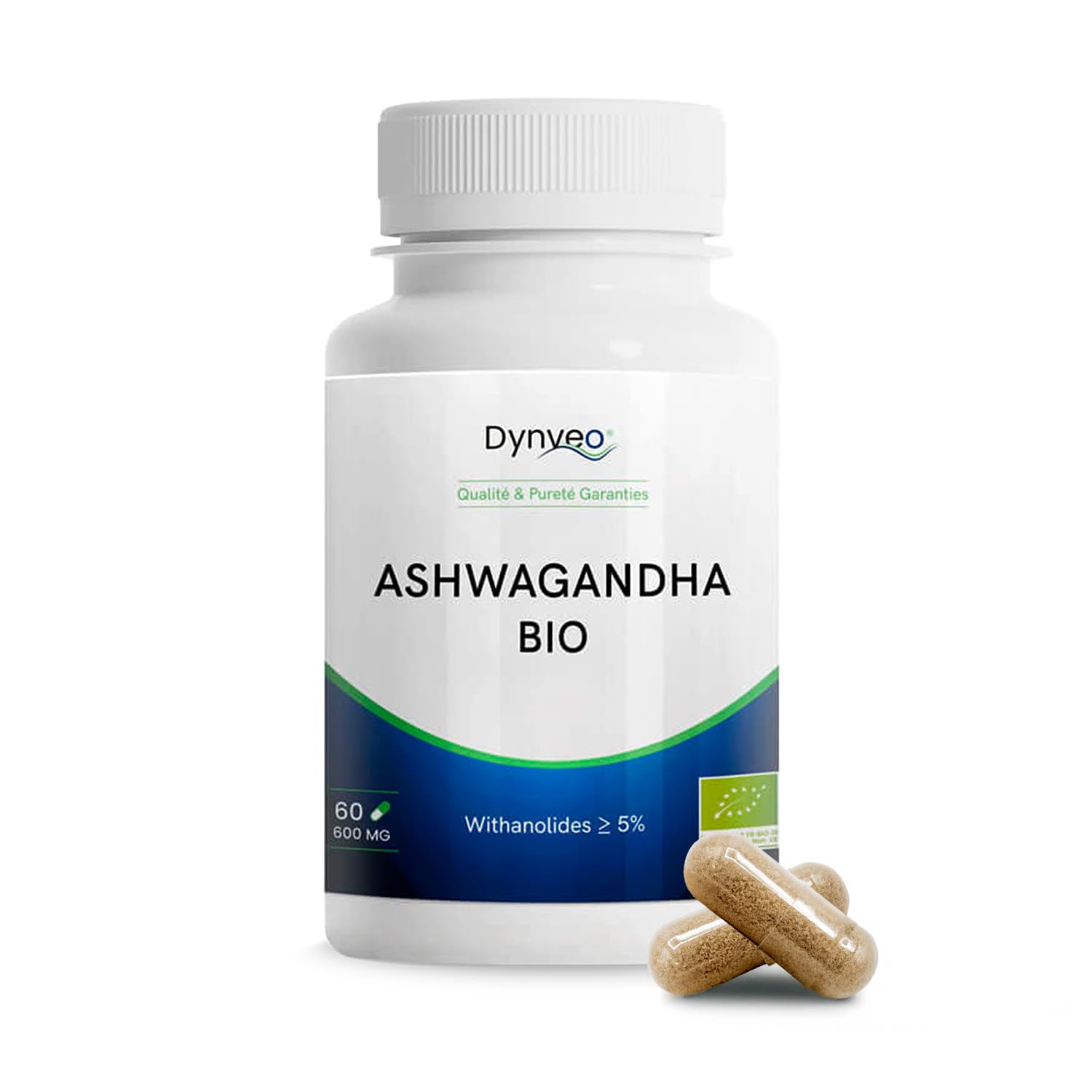Ashwagandha BIO KSM-66 - Haute Concentration - Withanolides 5% - Stress, Énergie & Sommeil - Complément Alimentaire Naturel - Plante Adaptogène - 60 Gélules (1 à 2 mois) - Dynveo