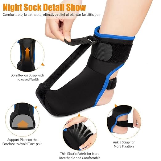 Plantar Fasciitis Night Splint Sock with Hand-Held Massage Tool Upgraded Soft Plantar Fasciitis Brace for Women Men for Achilles Tendonitis Foot Drop Heel Spur Pain Relief Black-Blue (Medium) - Image 3