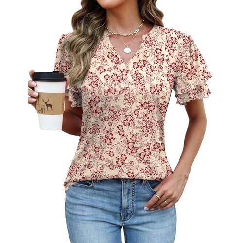 Rapbin Womens Tops Dressy Casual Ruffle Short Sleeve V Neck Blouses Summer Fashion Business Work Elegant Shirts
