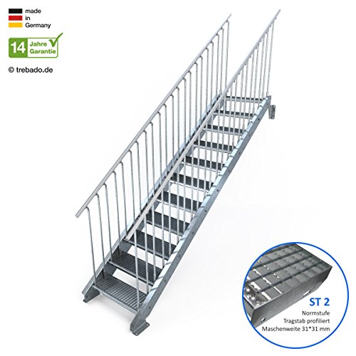 Preisvergleich Produktbild Außentreppe 11 Stufen 70 cm Laufbreite - beidseitiges Geländer - Anstellhöhe variabel von 183 cm bis 220 cm - Gitterroststufe ST2 - feuerverzinkte Stahltreppe mit 700 mm Stufenlänge als montagefertiger Bausatz