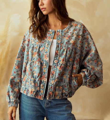 chouyatou Women's 2025 Fall Boyfriend Floral Denim Jacket Spring Y2K Casual Oversized Jean Bomber Jacket4