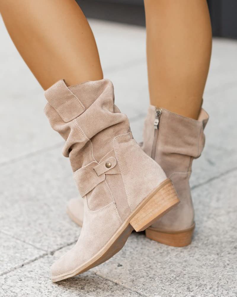 Minetom Stiefeletten Damen Klassisch Wildleder Halbstiefel Spitz Schlupfschuhe Niederung Stiefel Mit Schnalle Kurzstiefel Übergangsstiefel Halbhohe Ankle Boots Halbhoch Damenstiefel
