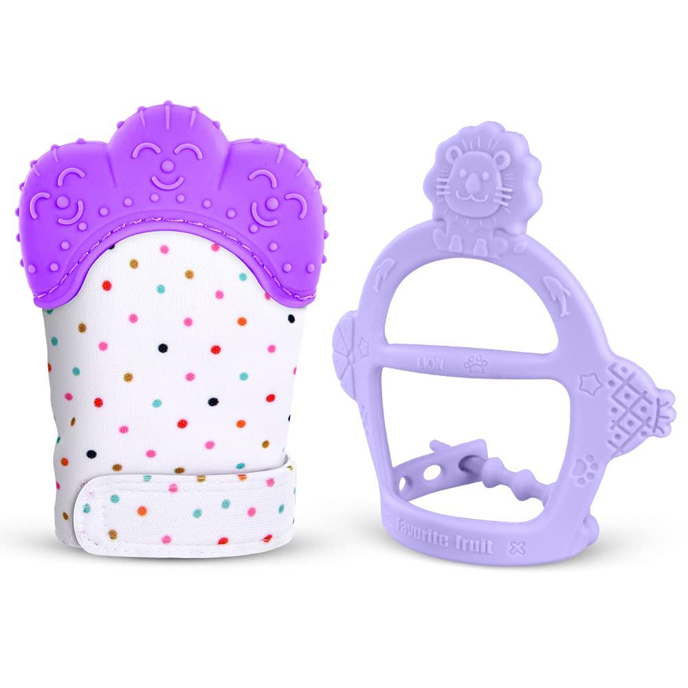 Vicloon Silicone Teething Mitt, 2Pcs Baby Teething Mitten with Adjustable Strap, Crinkle Sound and Textured, Self Soothing Baby Chew Toys for 0-6