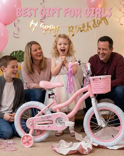 Image of bicystar Girls Bike Ages 2-8, 12-18 Inch with Training Wheels, Pink /Blue | Removable training wheels, basket and streamers, carbon steel frame, adjustable seat & handlebar, coaster or hand brake