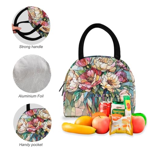Backpack Lunch Bag Set Stained Glass Flower Print, Big Storage Travel Backpacks with Insulated Lunch Box for Office Hiking Picnic4