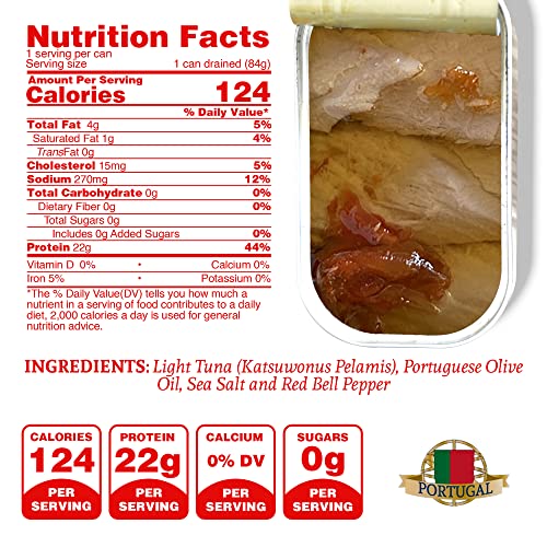 Image of Santo Amaro - Artisanal Wild Tuna Fillets in Olive Oil & Red Bell Pepper, Pole & Line Caught Tuna from Portugal, Hand-Packed Sevilla-Style Canned Tuna Fish, 22g Protein, Keto, Low Mercury, Pack of 6