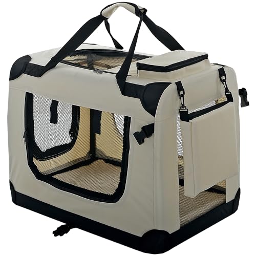 PET VIOLET Hundebox Hundetransportbox faltbar & robust für Auto & Reise – 70×52×50 cm – atmungsaktive Transportbox Transporttasche für Hunde & Katzen Stoffbox Beige
