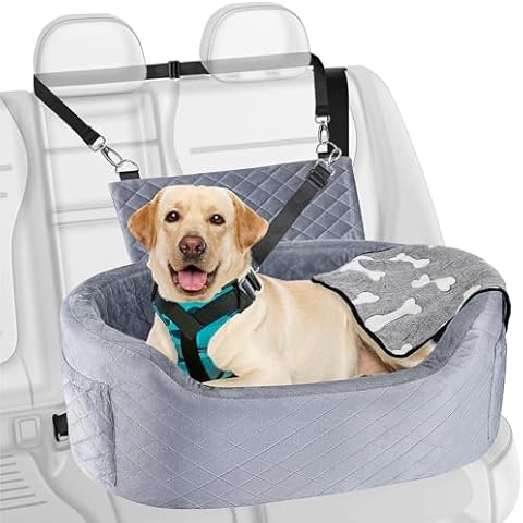 Dog Car Seat for Medium Large Dogs Up to 25.59", 28D High-Density Memory Foam with Waterproof Cover, Pet Travel Bed with Storage Pockets, Blanket, Dog Safety Belt, Grey Cover