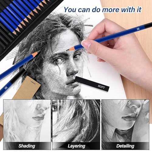 Image of Amazon Brand - Umi 33 Pcs Drawing Pencils Shading Pencils Set Drawing Kit Sketching Kit Sketch Pencils Set,Ink Color-Black